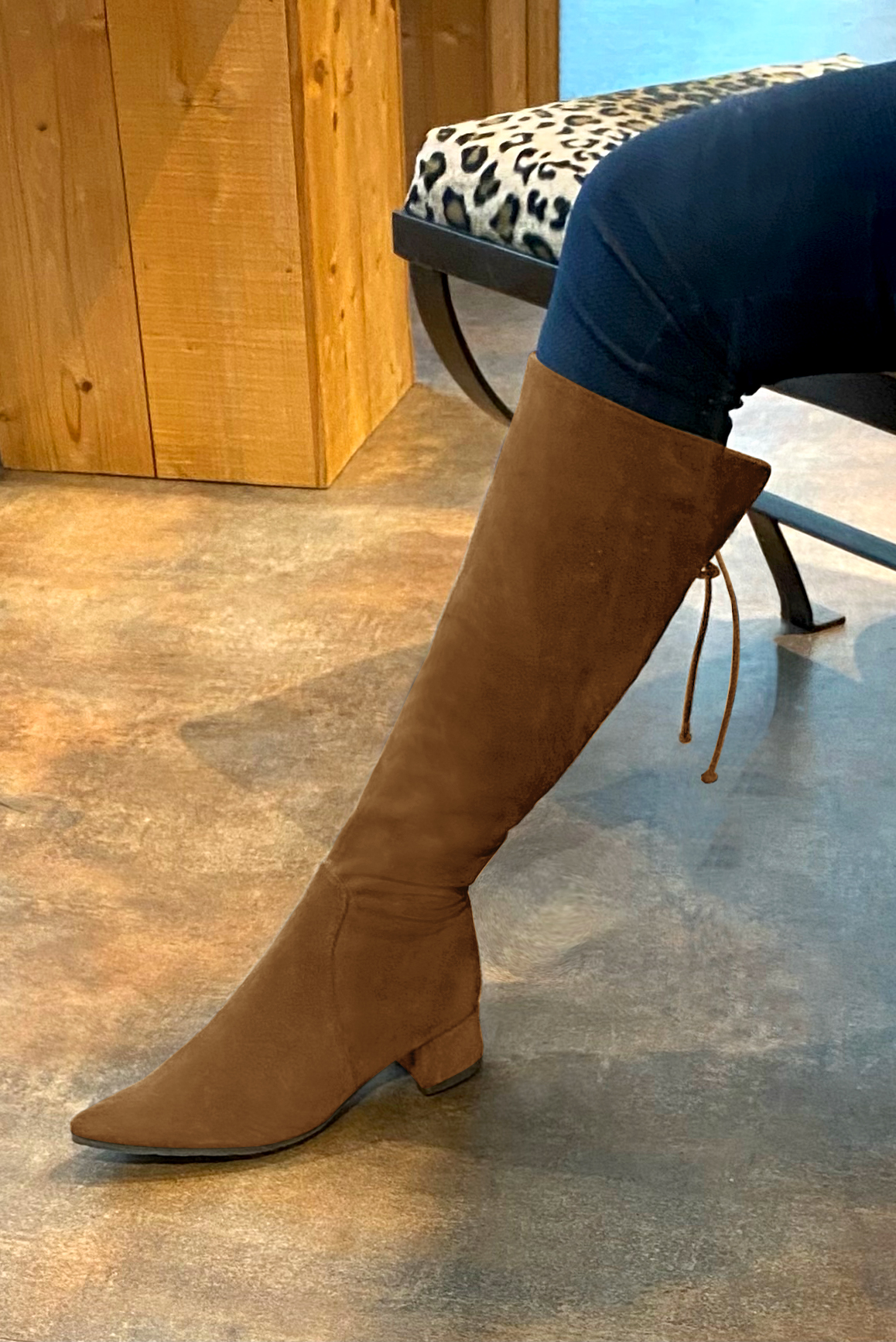 Caramel brown women's knee-high boots, with laces at the back. Tapered toe. Low flare heels. Made to measure. Worn view - Florence KOOIJMAN